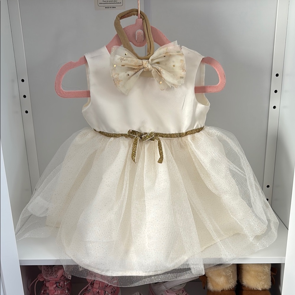 Elegant Cream Tulle Dress with Gold Accents